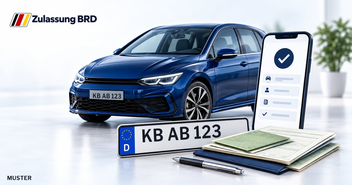 Online Fahrzeugzulassung in Edertal: Musterkennzeichen KB AB 123, Auto und Fahrzeugpapiere und Smartphone. Illustration mit Logo von Zulassung BRD.